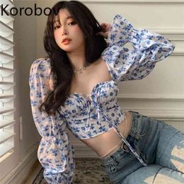 Korobov Summer New Women Chiffon Blouses Vintage Puff Sleeve Sweet Female Shirts Office Lady Lacing Sexy Blusas Mujer 210430