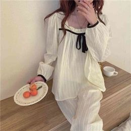 Sweet Chic Girls Stylish Sleepwear Bow Homewear Casual Femme Cotton Loose Cute Princess Pyjamas Sets 210525