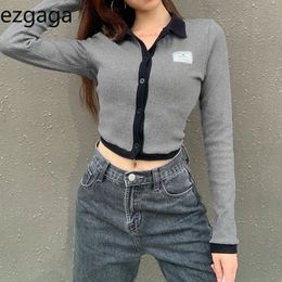 Ezgaga Casual Knitted Tshirt Women Autumn Patchwork Long Sleeve Turn-down Collar Ladies Crop Top T Shirt Button Slim All-Match 210430