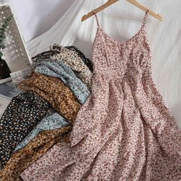 Vintage Sweet floral lace dress Korean print V-neck suspender for women summer style casual beach gentle female 210420