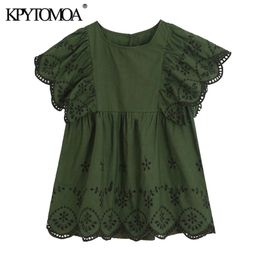 Women Sweet Fashion Cutwork Embroidery Pleated Blouses O Neck Short Ruffled Sleeve Female Shirts Chic Tops 210420