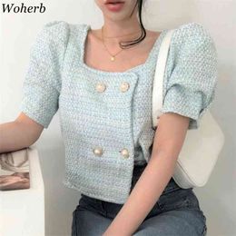 Summer Retro Short Korean Plaid Tweed Coat Women Fashion -Sleeved Thin Jacket Female Elegant Top 210519