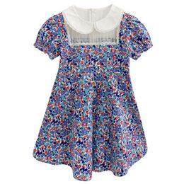 Girls Dress Doll Collar Floral Lace Short-sleeved Casual Summer Princess Party Kid Clothing 210515