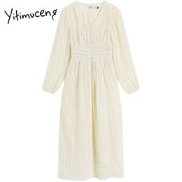 Yitimuceng White Button Up High Waist Mini Dresses WomenV-Neck A-Line Long Sleeve Clothing Spring Korean Fashion Dress 210601