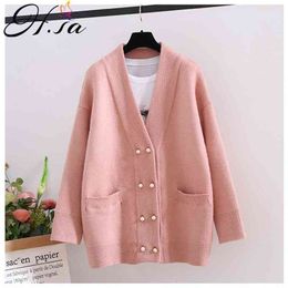 Arrivals Women Long Sweater Cardigans Loose V neck Oversized Knit Jacket Pearl Button Spring Coat Pink Korean Tops 210430