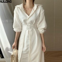 Office Lady Single-breasted Long Sleeve Women Shirt Dress Autumn Sashes Female Mid-Calf Dresses A-Line Vestidos 210514