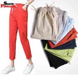 women harem pants cotton linen spring summer ankle-length trousers casual solid girls high elastic wast soft 210524