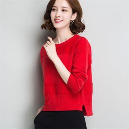 Girls Round-neck Knitted Sweater Women Solid Color Loose Pullover Wild Long-sleeved Striped Bottoming Jumpers Female Spring 210427