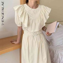 Solid Color Dress Women's Summer Round Neck Spliced Ruffles Puff Short Sleeve Mid-calf Dresses With Belt 210427