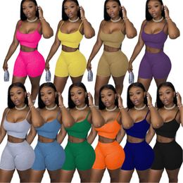 Summer Women Tracksuits 2 Piece Sets Shorts Outfits Fashion Casual Solid Colour Sexy Slim Sling Vest Tops Short Pants Suits Female Sportswear Plus Size