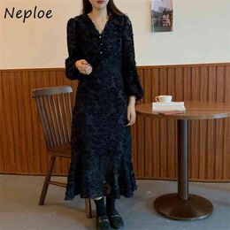 Elegant Tassel Design Temperament Dress Women V Neck Puff Long Sleeve Solid Vestidos High Waist Hip Mermaid Spring Robe 210422