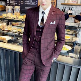 (Jacket+Vest+Pants) Men Business Formal Slim Fit Wedding Prom Suits Male Boutique Plaid Design Groom Dress Blazers 3 Pieces Set X0909