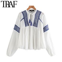 TRAF Women Fashion Embroidery Patchwork Loose Blouses Vintage Tied Tassel V Neck Long Sleeve Female Shirts Chic Tops 210415