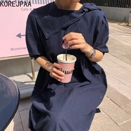 Korejpaa Women Dress Korean Chic Summer Vintage Neckline Knot Design Bright Line Loose Long Hem Ruffles Edge Vestido Female 210526