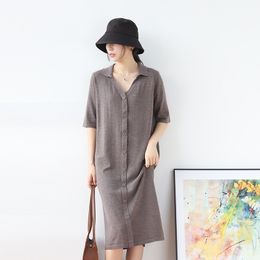 Early Autumn Women's Fashion Pure Color Dress Casual POLO Lapel Mid-sleeve Loose High Waist Knitted Female 210520