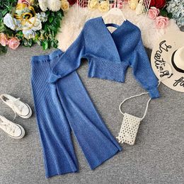 Elgant Fashion Women Shining Knitted Two Pieces Set Autumn Winter V Neck Bat Sleeve Sweater Top + Elastic Wide Leg Long Pants Y0625