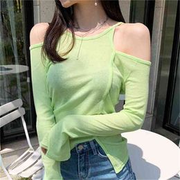 slash South Korea T shirt Women Spring Solid sexy Slim Fit skinny green Tee Long Sleeve T Tops female girls t 210423