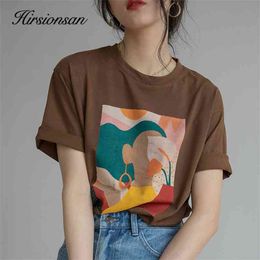 Hirsionsan Aesthetic Printed T Shirts Women Soft Vintage Loose Tees Abstract Graphic Cotton Tshirts Summer Casual Tops 210720