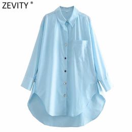 Zevity Women Fashion Solid Colour Casual Loose Long Shirt Ladies Golden Buttons Smock Blouses Chic Oversized Chemise Tops LS7365 210603