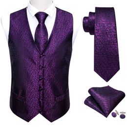 Men's Vests Purple Mens Luxury Brocade Novelty Floral Suit Vest Set Silk Tie Waistcoat Men Clothes Barry.Wang Fashion Designer M-2035