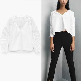 ZA White Long Puff Sleeve Ruched Blouse Women V Neck Elastic Vintage Spring Shirts Woman Fashion Fitted Casual Top Blusas 210602