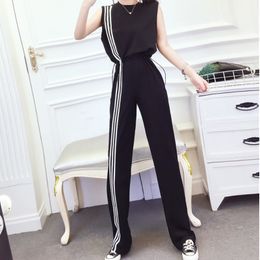 Summer Casual Women Jumpsuit Fashion Hit Colour Striped O-Neck Sleeveless Elastic Waist Female Long Rompers 210518