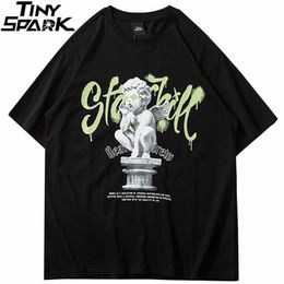 Mens Streetwear Oversize T-shirt Graffiti Letter Angel Boy Printed Harajuku Cotton Loose Short Sleeve Tops Tees 210716