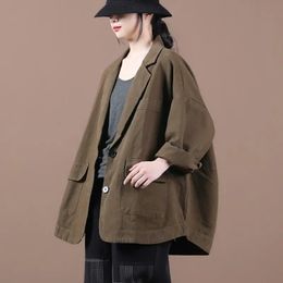 Johnature Women Vintage Suit Jacket Solid Color Cotton Blend Turn-down Collar Spring Japan Style Button Pockets Coats 210521