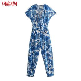 Tangada Women Summer Blue Flowers Print Long Jumpsuit Short Sleeve Bow Female Casual Jumpsuit 5Z139 210609