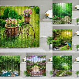 Natural Scenery Green Bamboo Flower Birds Plant Shower Curtains Forest Spring Summer Landscape Bathroom Decor Cloth Curtain Set 210609