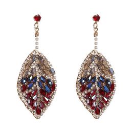 Exaggerated Bohemian Multi Colour Crystal Leaf Shape Earrings Luxury Sparkly Rhinestone Padded Dangle Earrings Girls Ear Jewellery