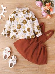 Baby Floral Print Flounce Sleeve Top & Overall Dress SHE