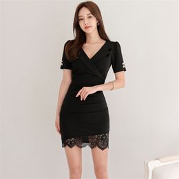 Black Lace Dress for women Short Sleeve Cotton Ladies Sexy Office Bodycon Dresses 210602