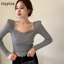 Neploe Square Collar Clavicle Exposed Sexy Knit Sweater Women Pullover Long Sleeve Solid Slim Pull Femme Spring Sueter 210510