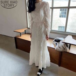 Korean Chic Long Pleated Maxi Dresses for Women Elegant Loose Elastic Waist Casual White Dress Vestidos Feminino 12786 210417