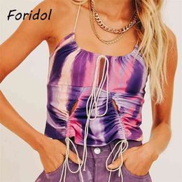 Tie-dyed Purple Crop Tops Camis Cutout Strap Slim Ruched Backless Summer Boho Cute Australia Drop Top 210427