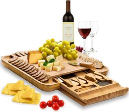 Premium Bamboo Cheese Board Set Wooden Charcuterie Board Serving Platter with Knife Set Hidden Slid Out Drawer Ideal Gift for Wedding JJA916