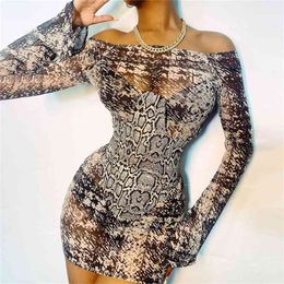 Arrival Stylish Club Street Style Dress Snake Print One-shoulder Mesh Transparent Flared Sleeves Sexy Slim Ladies Vestidos 210517