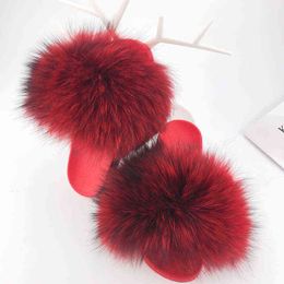 2020 real Red Raccoon Fur Slippers Women Slides Fox Hair Flat Fluffy Fashion Home Summer Big Size Natural Furry Flip Flops Shoes H1122