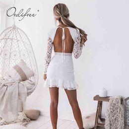 Summer Women Sexy Bodycon Party Long Sleeve Backless White Lace Mini Dress 210415
