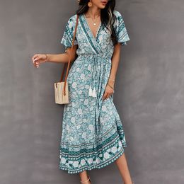 Women long Cotton dress Summer V-Neck short sleeve floral printed bohe style Casual Women's holidays beach Dresses 210524