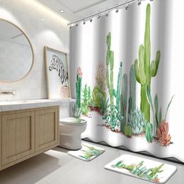 cactus fabric Australia - Shower Curtains 4 Pcs Tropical Cactus Curtain Sets ,Cactus Flowers Blossom Bath Durable Waterproof Fabric Bathroom