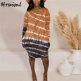 Vintage Dresses Women Autumn Tie Dye Print Long Sleeve O Neck Ladies Mini Casual Loose Beach Holiday Plus Size 210513