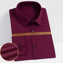 Men's Formal Red Shirt Stretch Bamboo Fiber Casual Pure Color Standard-fit Elastic Non Iron Office Work Wear Brand Male Clothing 210609