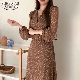 Vintage Puff Sleeve French Waist Tie Slimming Mid-length Chiffon Long Dress V-neck Autumn Floral Female 12296 210508