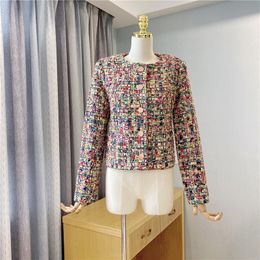 New spring autumn fashion women's o-neck long sleeve Colourful grid plaid tweed Woollen short jacket coat casacos SML