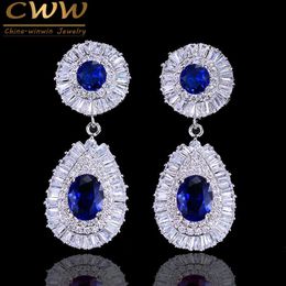 Design All The Way Cubic Zirconia Setting High Quality Long Drop Women Earrings With Blue Stones CZ314 210714