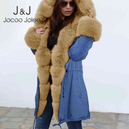 Jocoo Jolee Women Winter Thick Warm Coats Fashion Hooded Fur Collar Europe and America Style Long Parka Causal Jackets 210518