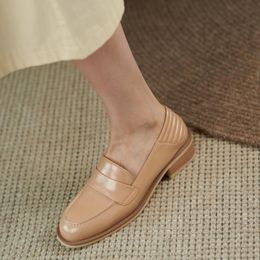 Dress Shoes Solid Spring Women Loafers Round Toe Casual Wear-resistant Split Leather Slip-On High Quality Women's Pumps Work