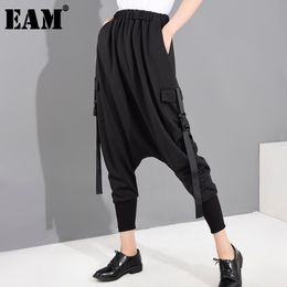 [EAM] High Elastic Waist Black Ribbon Long Harem Trousers Loose Fit Pants Women Fashion Spring Autumn 1S18601 210512